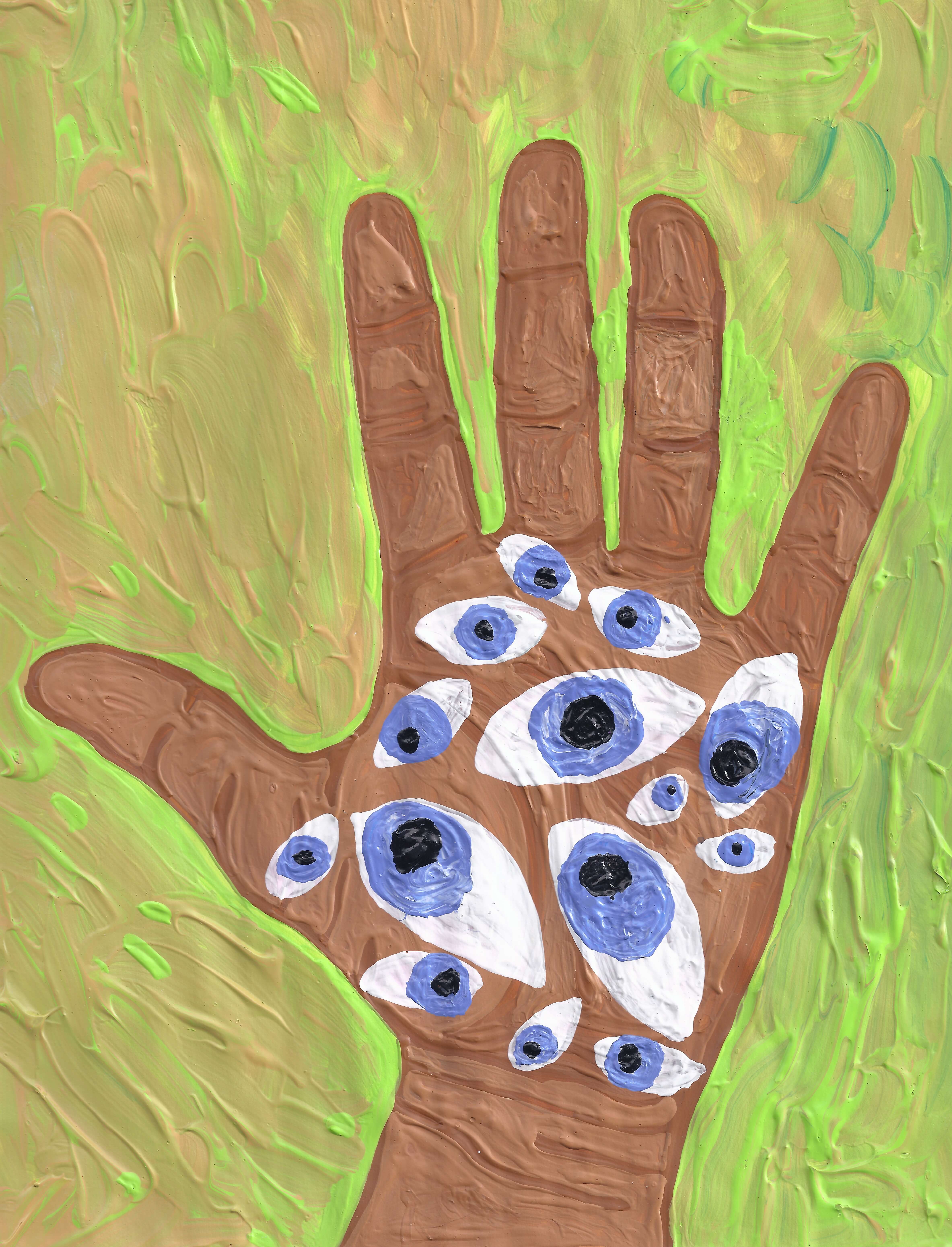 psychedelic painting of a hand with eyes